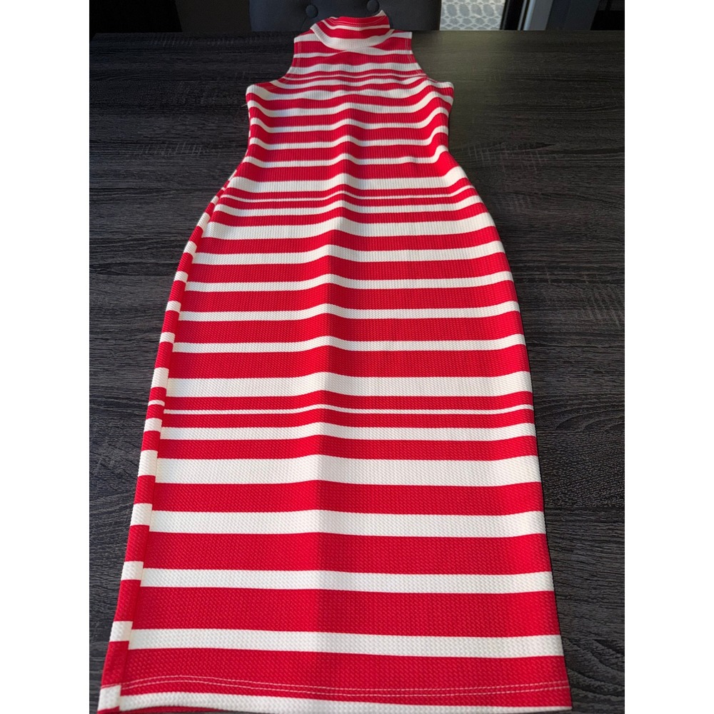 Snap Coral‎ White Striped Mock Neck Keyhole Back Bodycon Midi Dress Small NEW